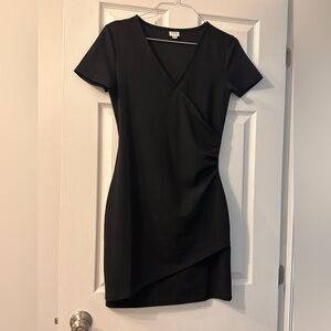Black Short Sleeve Faux-Wrap Mini Dress